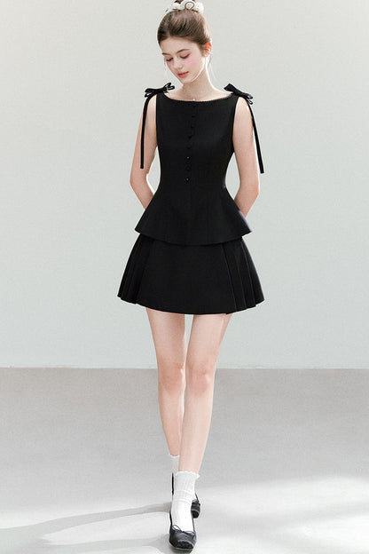 Black Bow-Strap Peplum Top, Pleated Skirt and Pants Set-Up