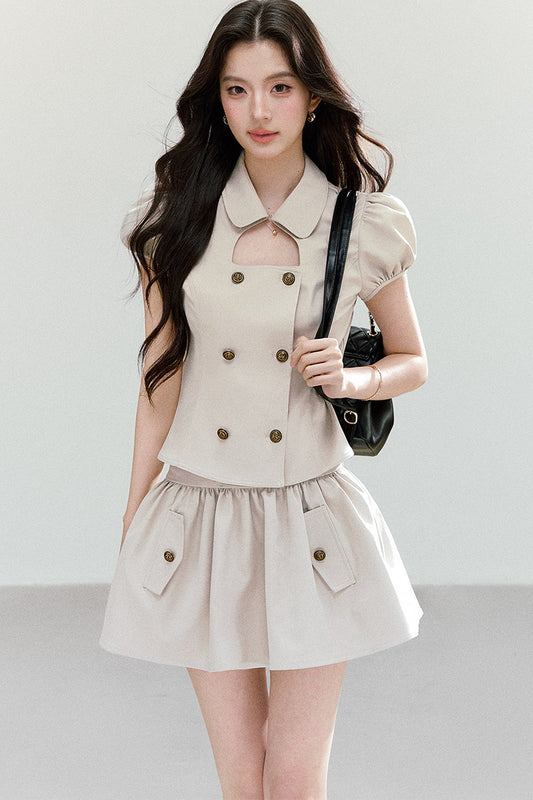 Preppy Doll Collar Double-Breasted Shirt And Puffy Skirt Set-Up