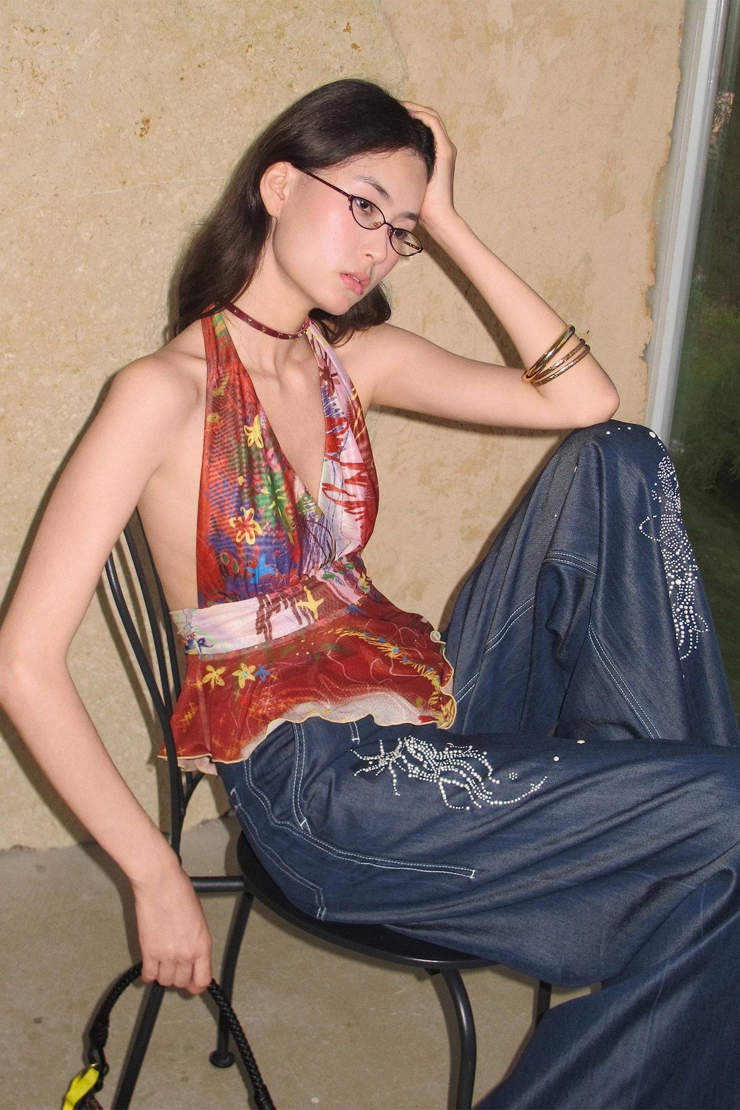 Asymmetrical Ruffle Tie-Dye Halter Top
