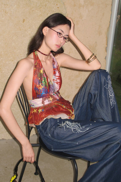 Asymmetrical Ruffle Tie-Dye Halter Top