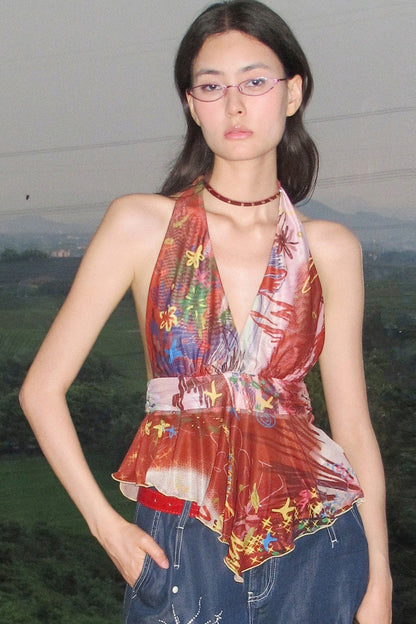 Asymmetrical Ruffle Tie-Dye Halter Top