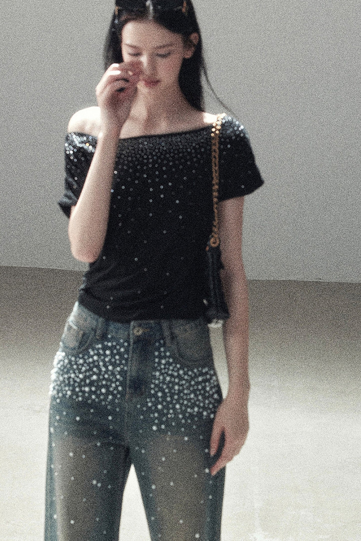 Rhinestone Slanted Shoulder Top