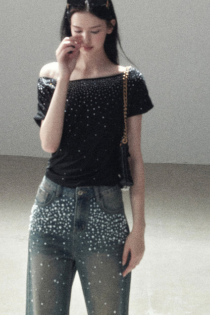 Rhinestone Slanted Shoulder Top