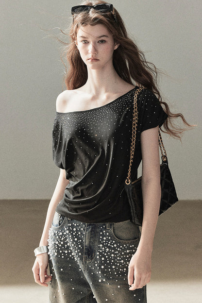 Rhinestone Slanted Shoulder Top