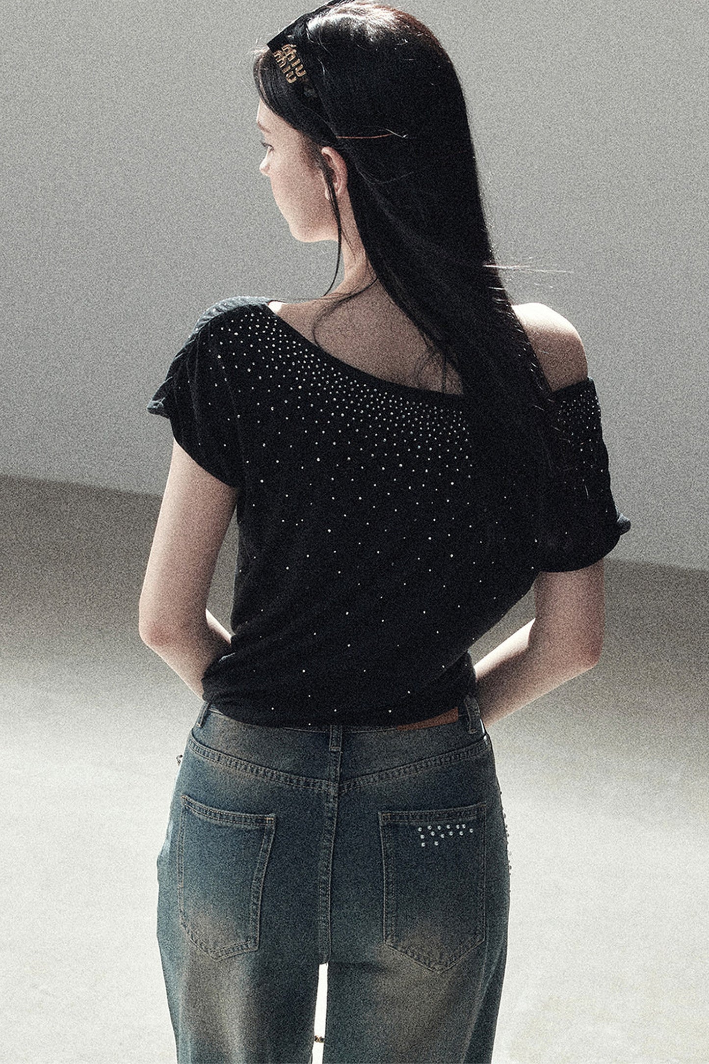 Rhinestone Slanted Shoulder Top