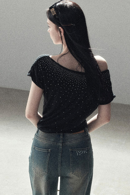 Rhinestone Slanted Shoulder Top
