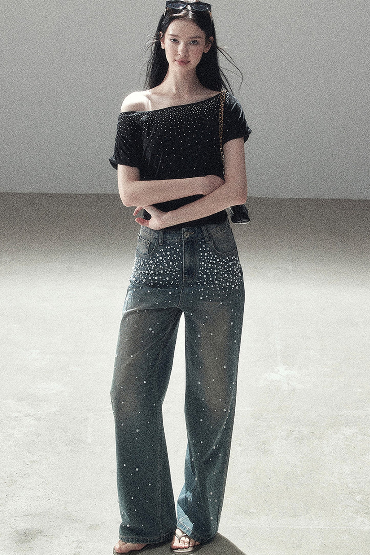 Rhinestone Slanted Shoulder Top