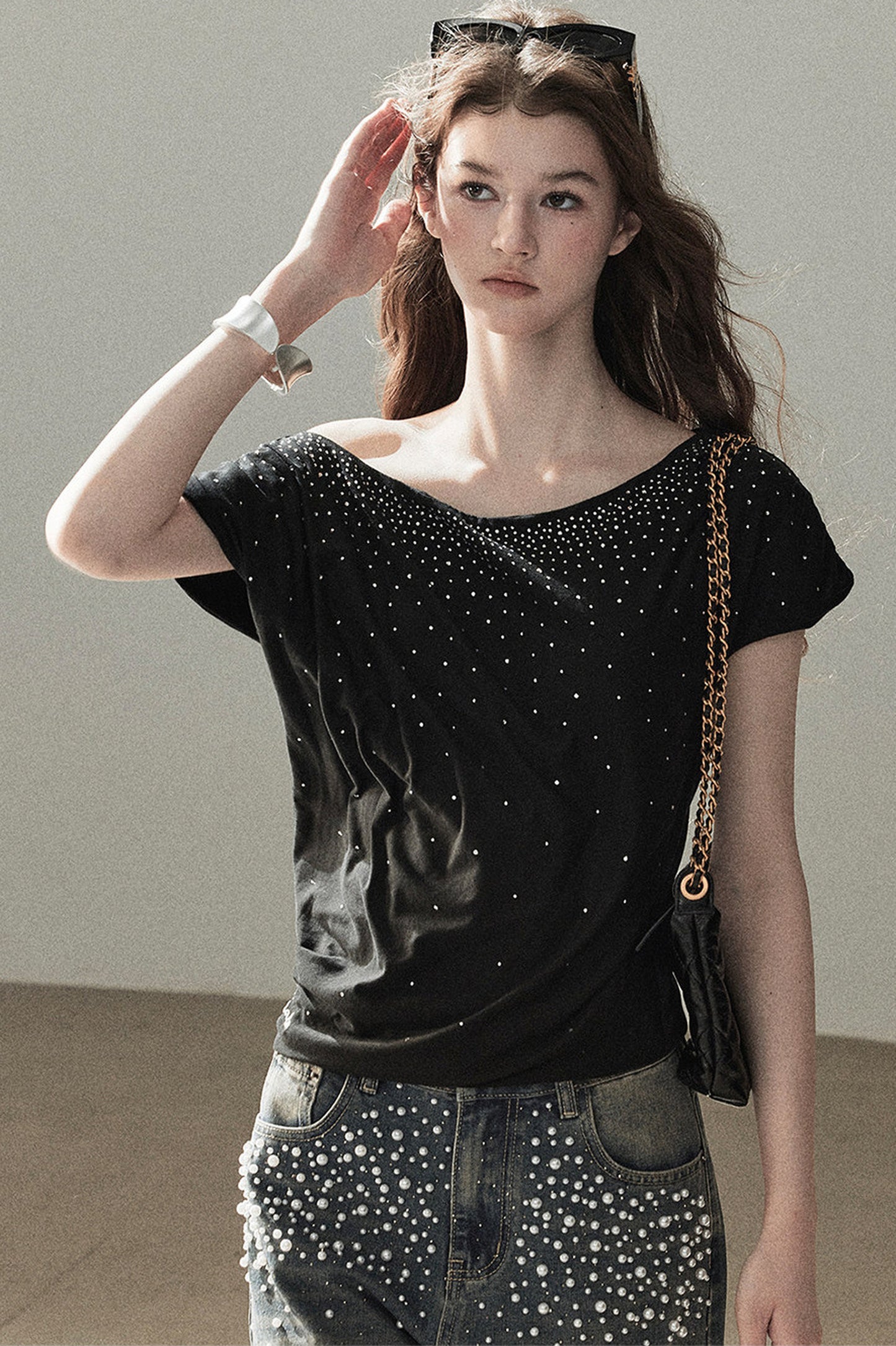 Rhinestone Slanted Shoulder Top