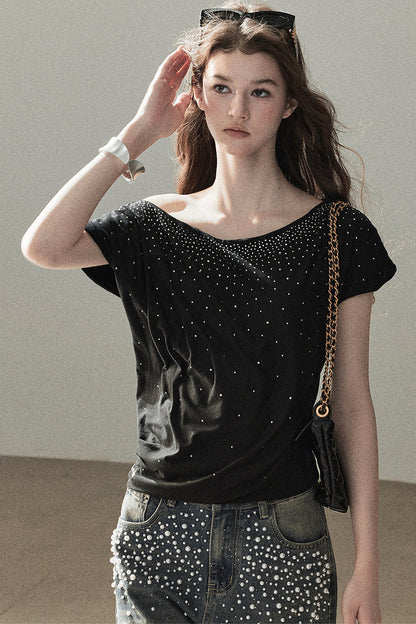 Rhinestone Slanted Shoulder Top
