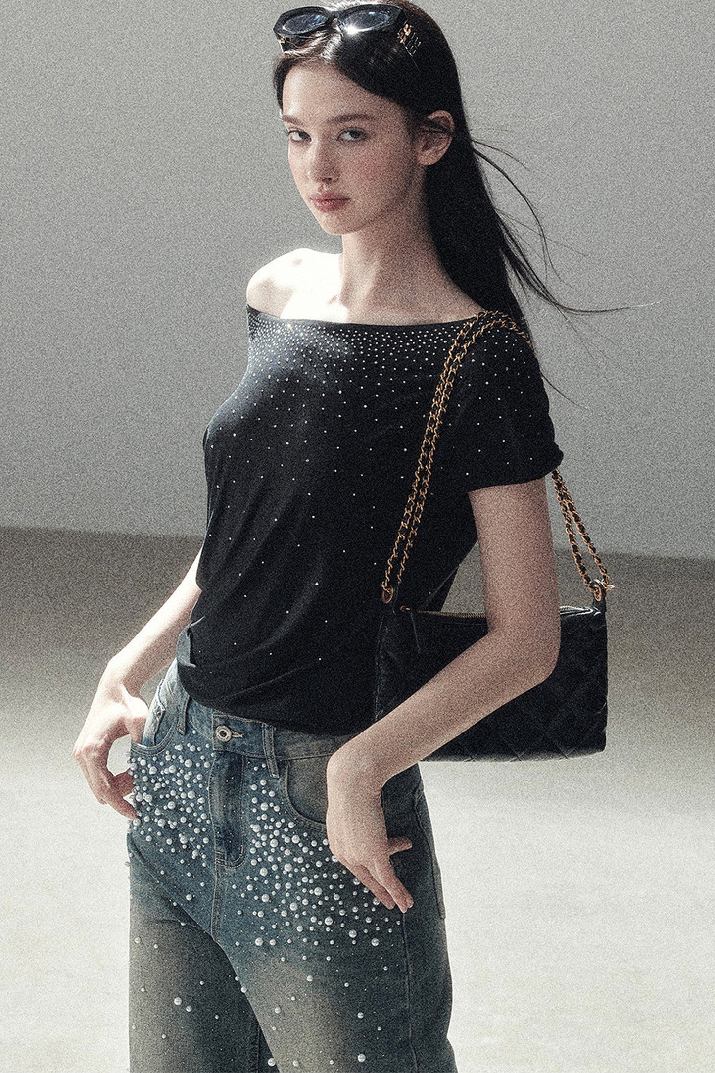 Rhinestone Slanted Shoulder Top