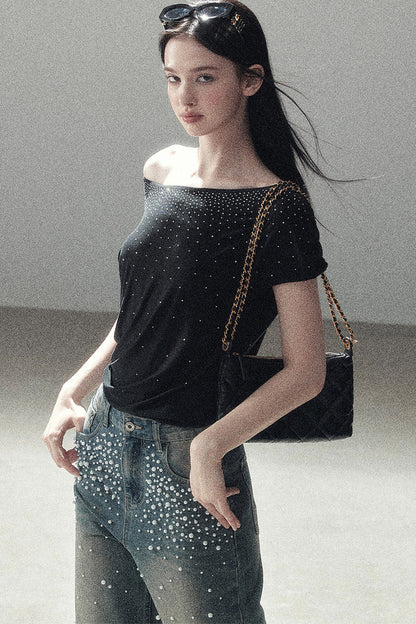 Rhinestone Slanted Shoulder Top