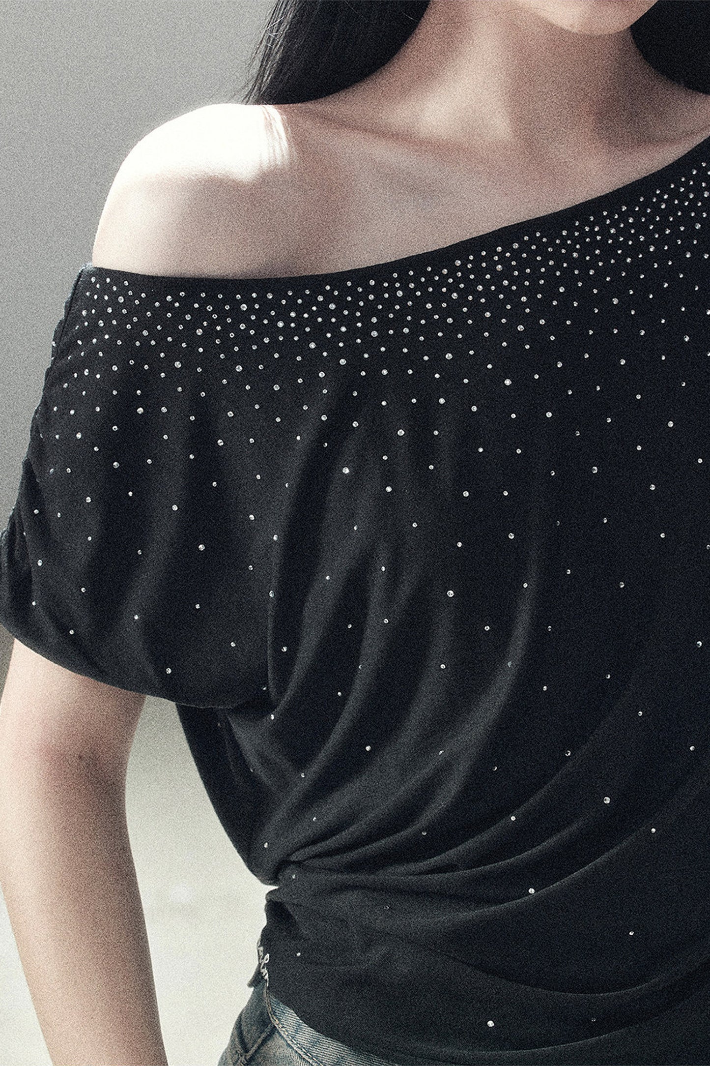Rhinestone Slanted Shoulder Top