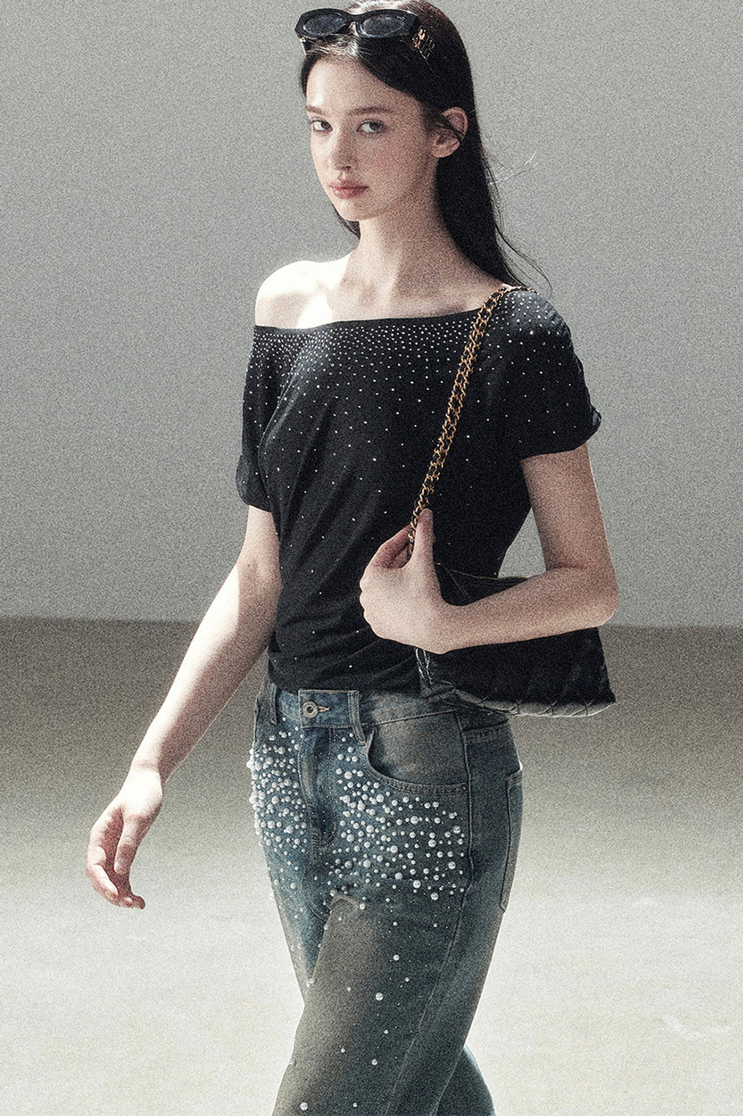 Rhinestone Slanted Shoulder Top