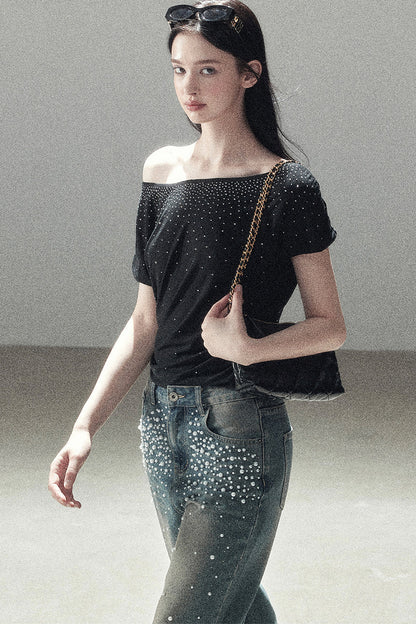 Rhinestone Slanted Shoulder Top