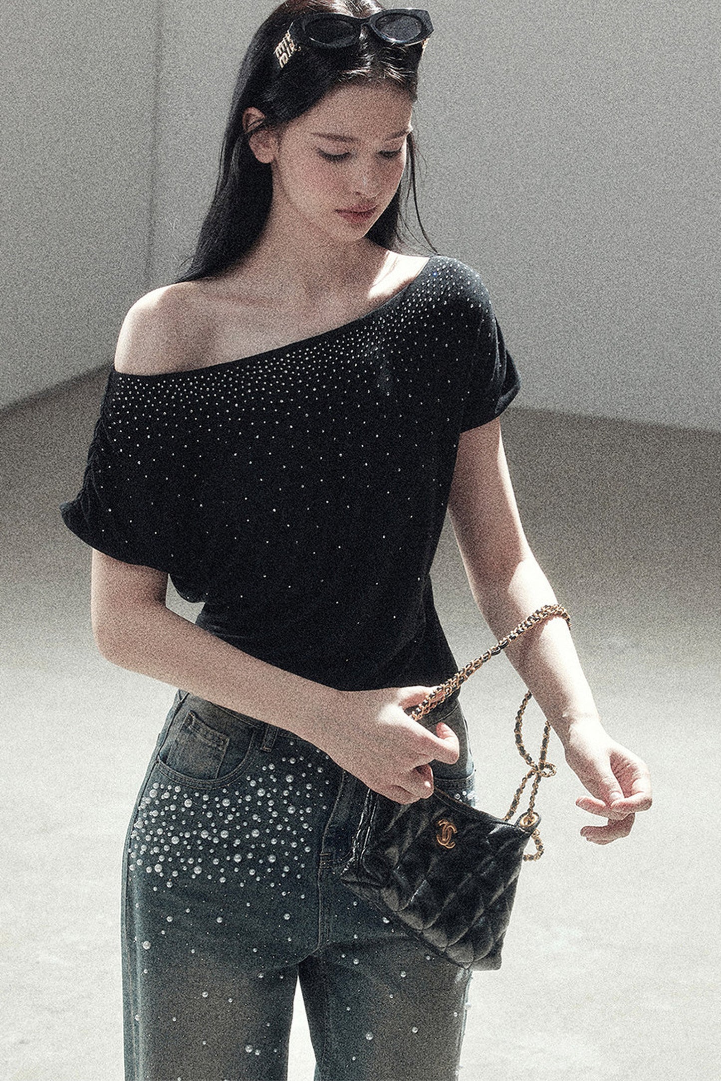 Rhinestone Slanted Shoulder Top