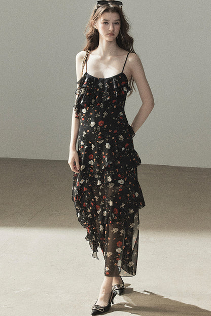Robe à fines bretelles en mousseline à fleurs