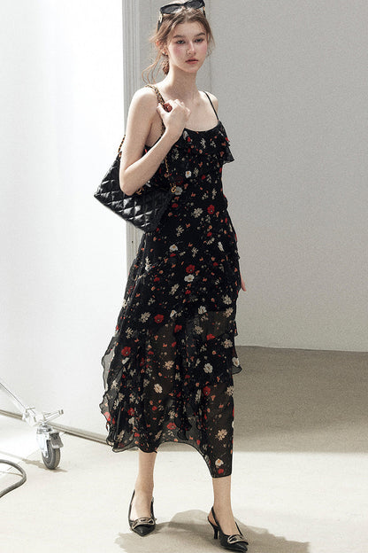Robe à fines bretelles en mousseline à fleurs