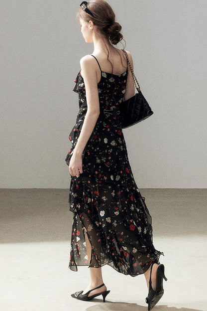 Robe à fines bretelles en mousseline à fleurs