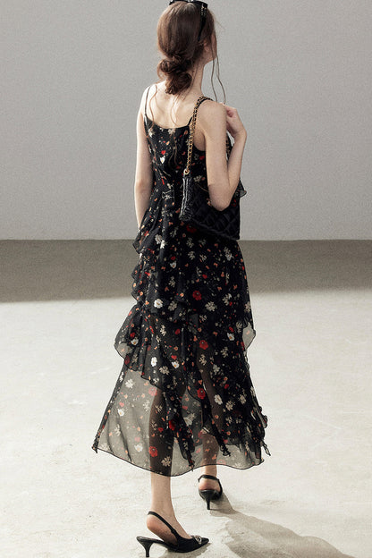 Robe à fines bretelles en mousseline à fleurs