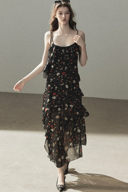 Robe à fines bretelles en mousseline à fleurs