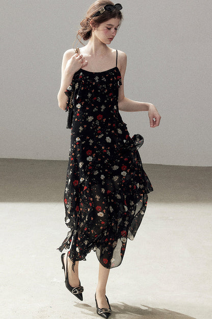 Robe à fines bretelles en mousseline à fleurs