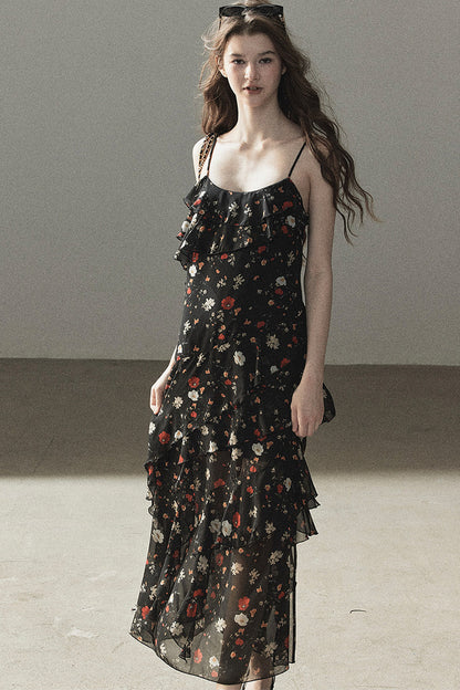 Robe à fines bretelles en mousseline à fleurs