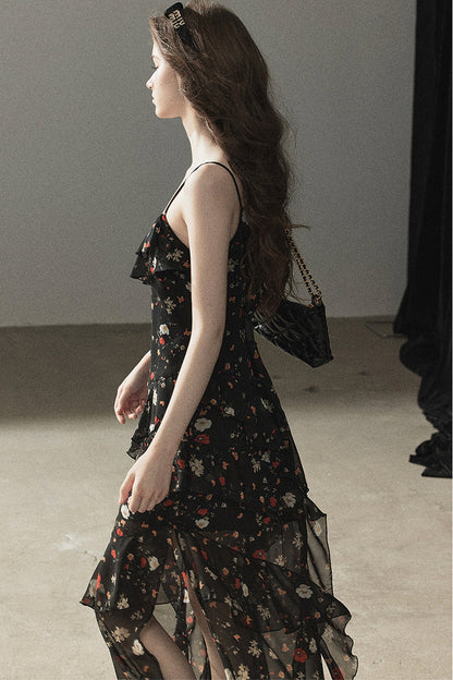 Robe à fines bretelles en mousseline à fleurs