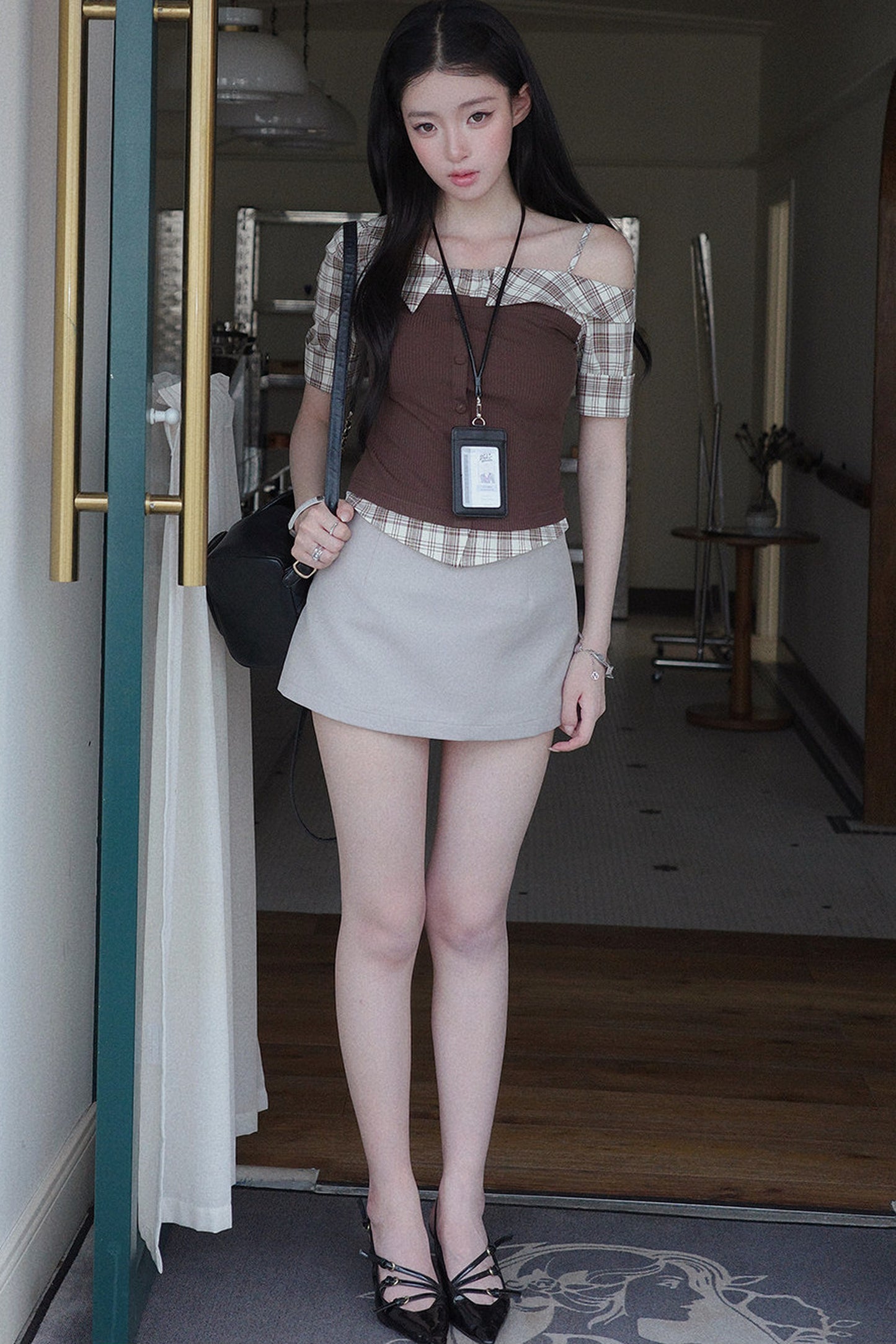 Plaid Patchwork Off-Shoulder Set-Up