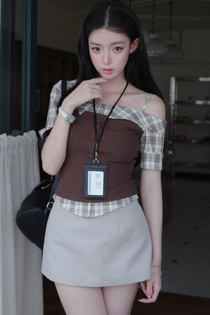 Plaid Patchwork Off-Shoulder Set-Up