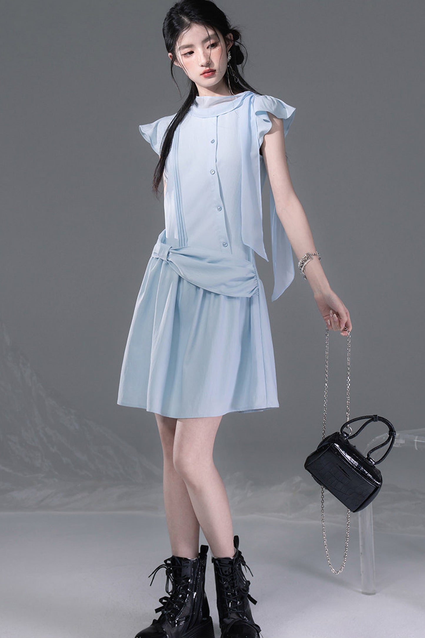 Bow Tie Diagonal Placket Ribbon Dress