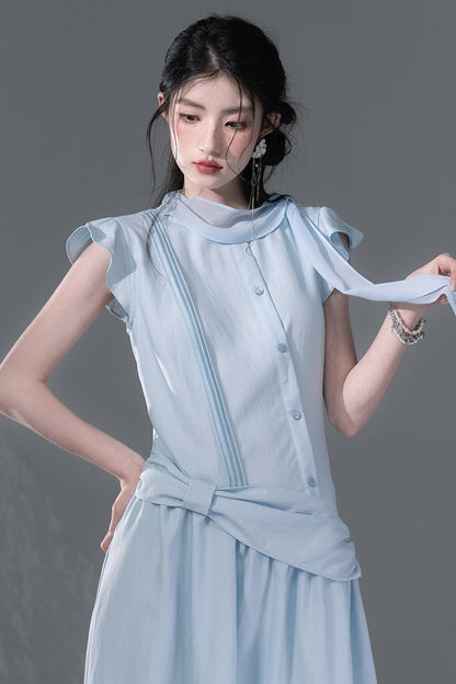 Bow Tie Diagonal Placket Ribbon Dress