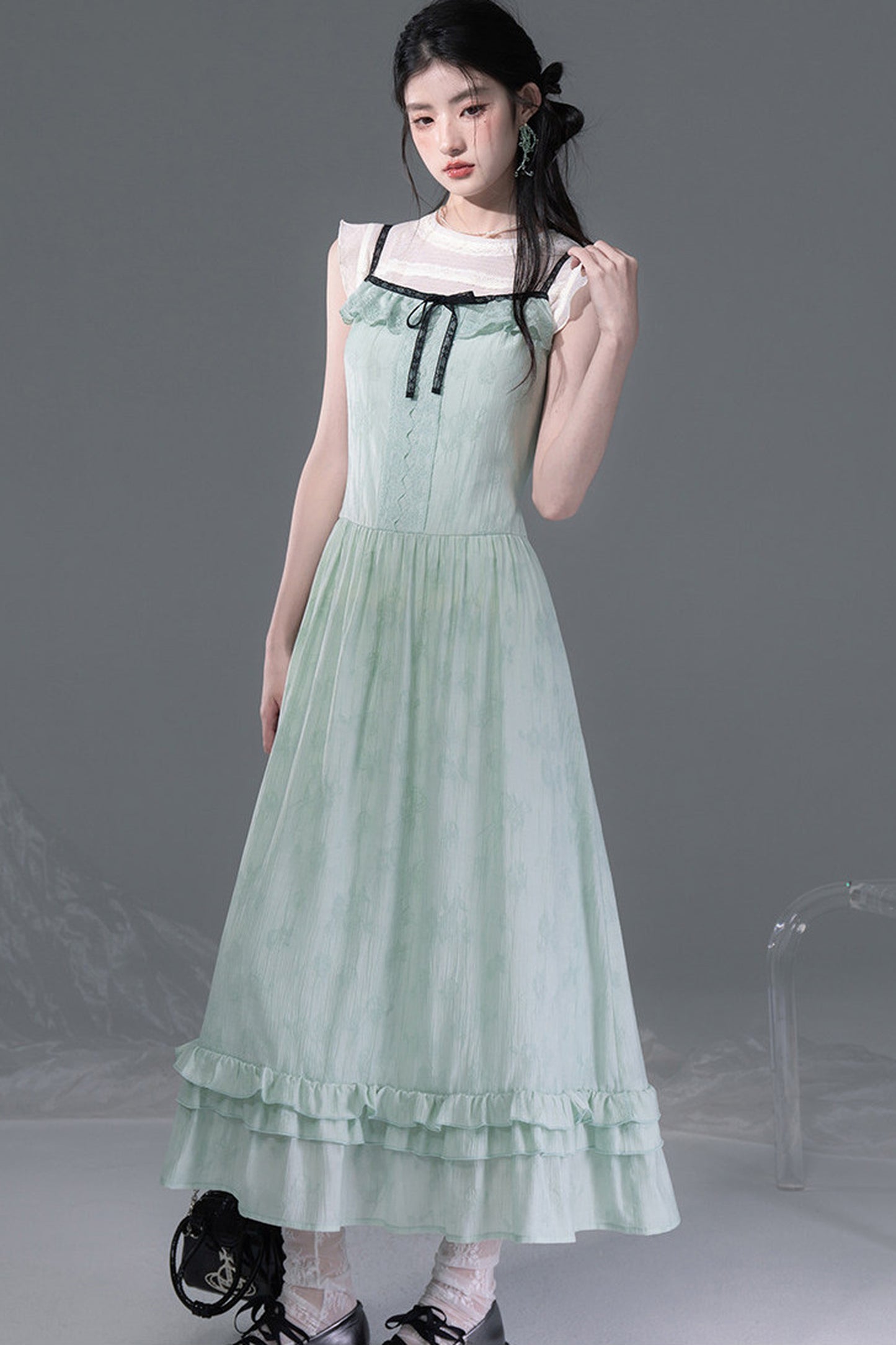 Mint Green Lace Spliced Camisole and Dress Set