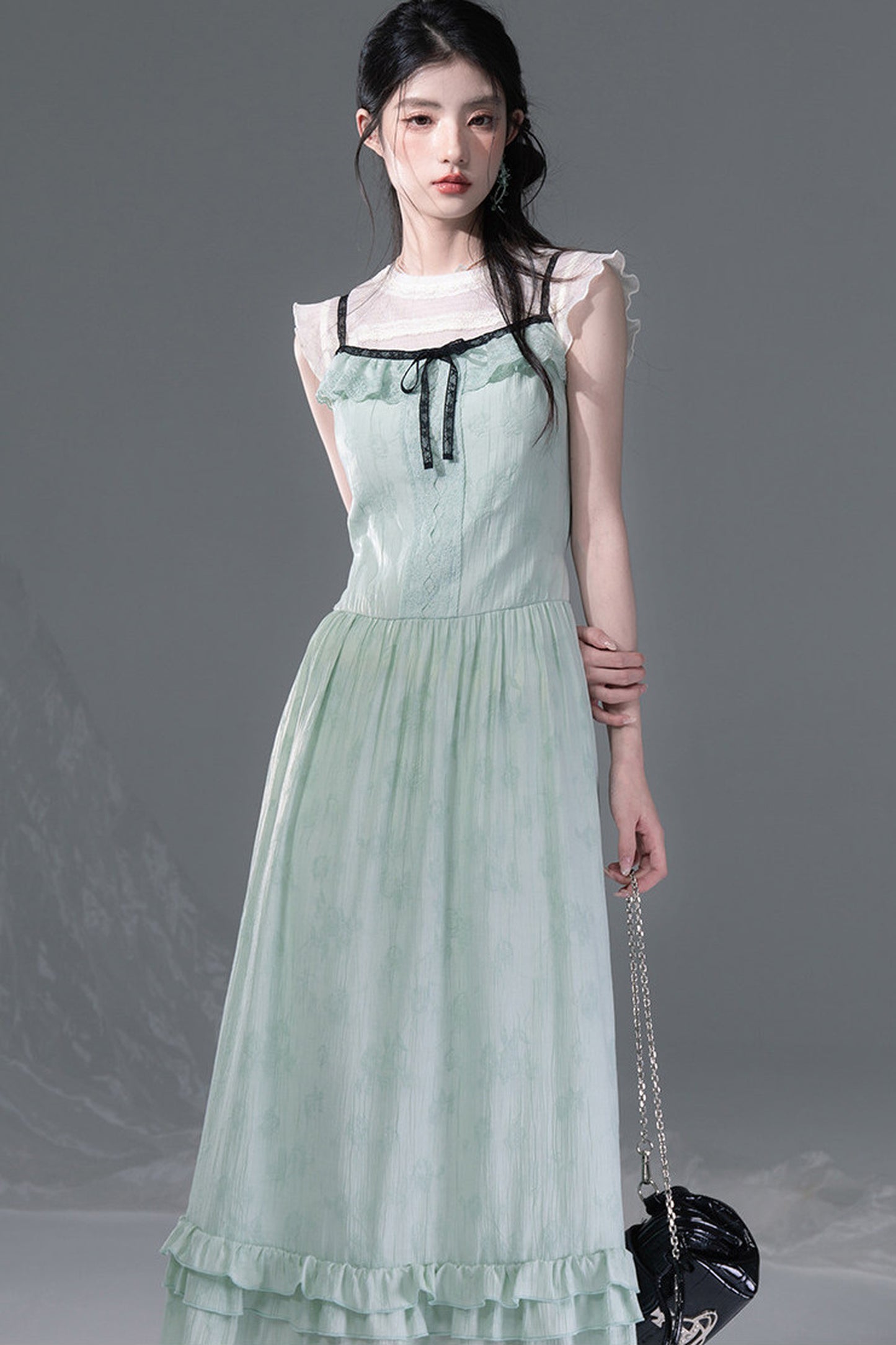 Mint Green Lace Spliced Camisole and Dress Set