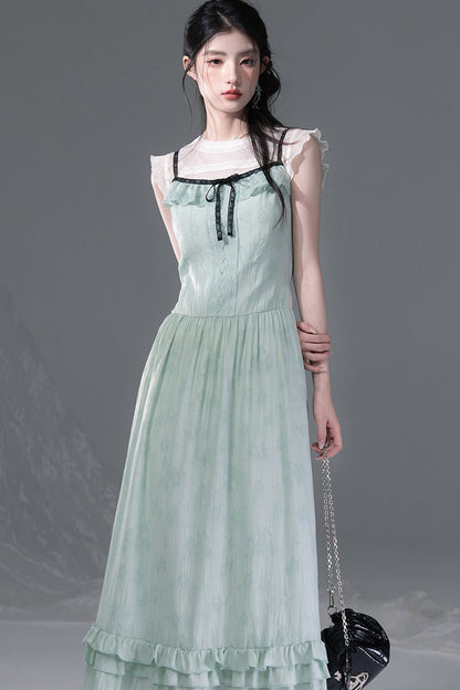 Mint Green Lace Spliced Camisole and Dress Set