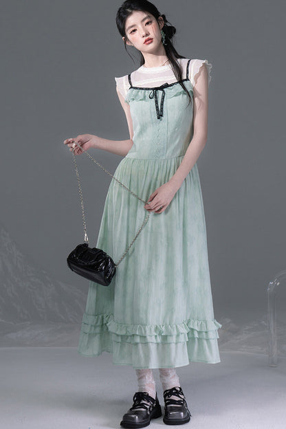 Mint Green Lace Spliced Camisole and Dress Set