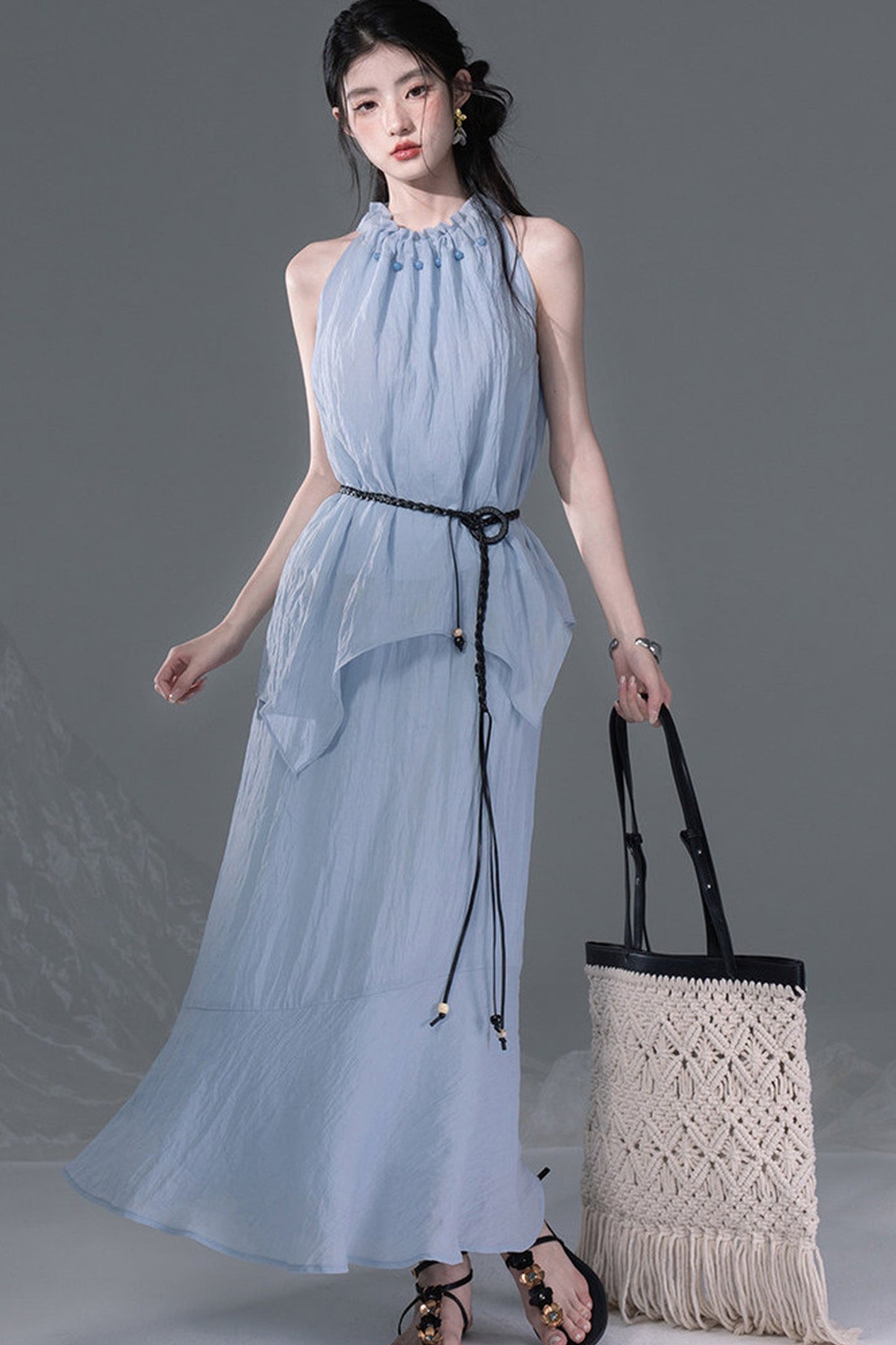 Lyocell Lace-Up Halter Top and Skirt Set
