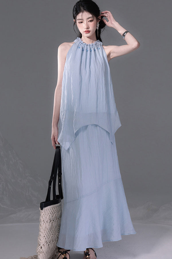 Lyocell Lace-Up Halter Top and Skirt Set