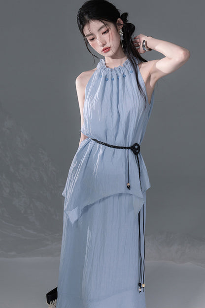 Lyocell Lace-Up Halter Top and Skirt Set
