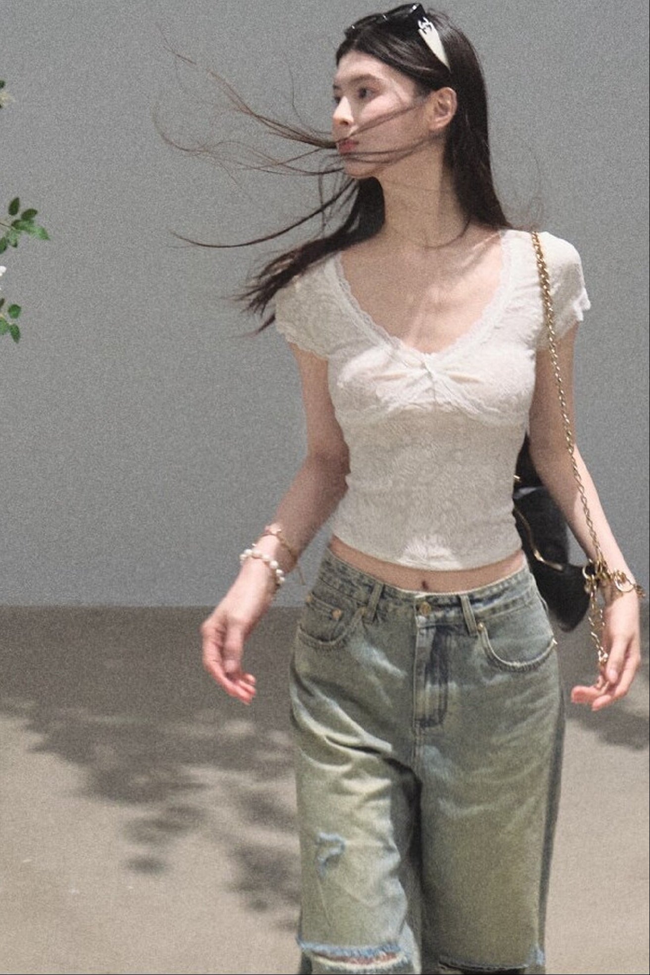V-Neck White Lace Trim Short-Sleeve Top