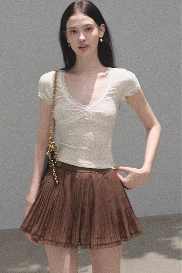V-Neck White Lace Trim Short-Sleeve Top
