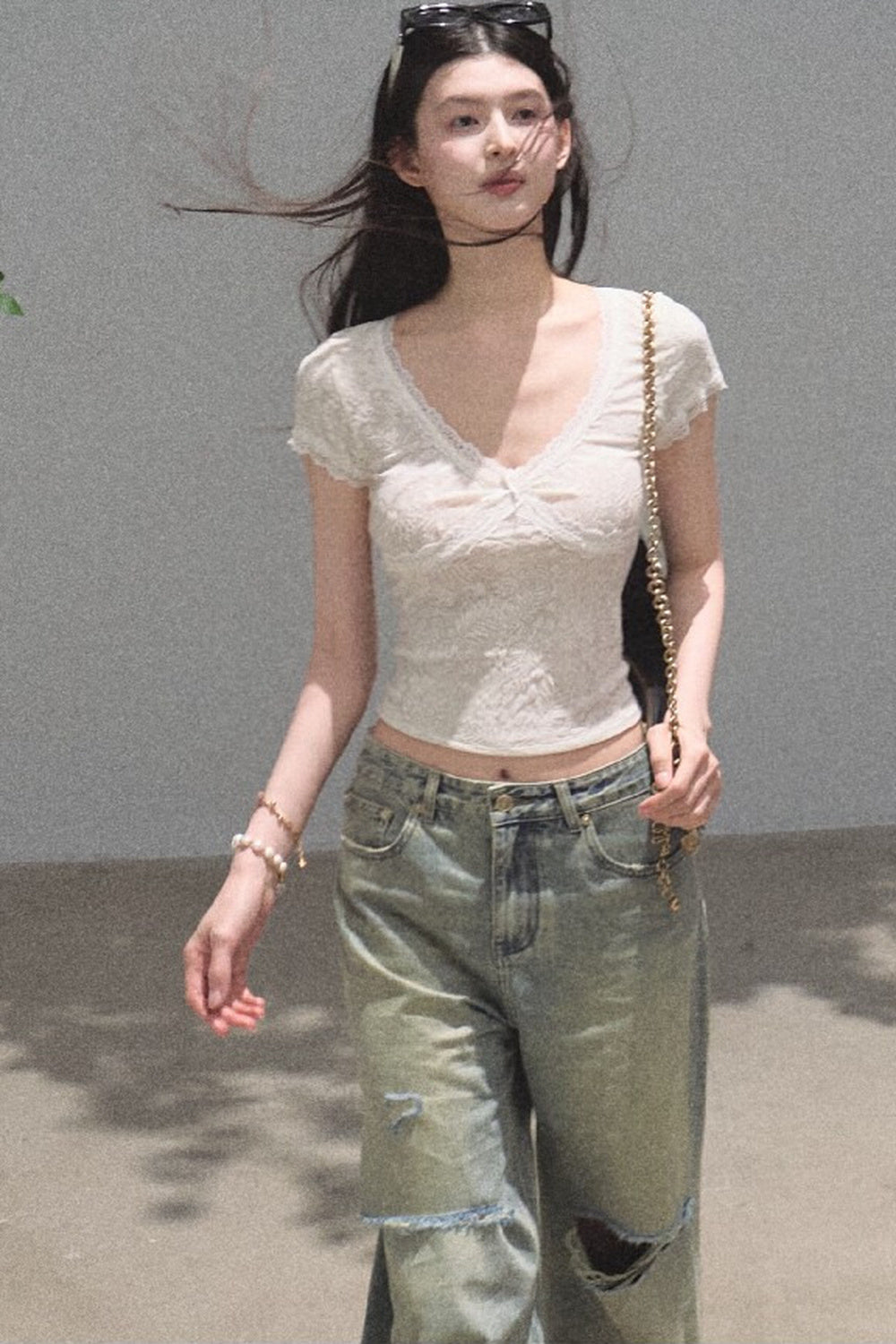 V-Neck White Lace Trim Short-Sleeve Top