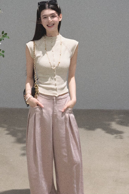 Gold Silk Linen Wide-Leg Pants