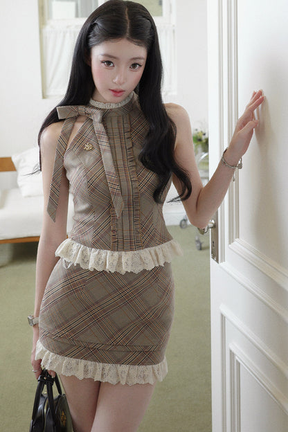 Lace Halter Top & Skirt Two-Piece Set-Up
