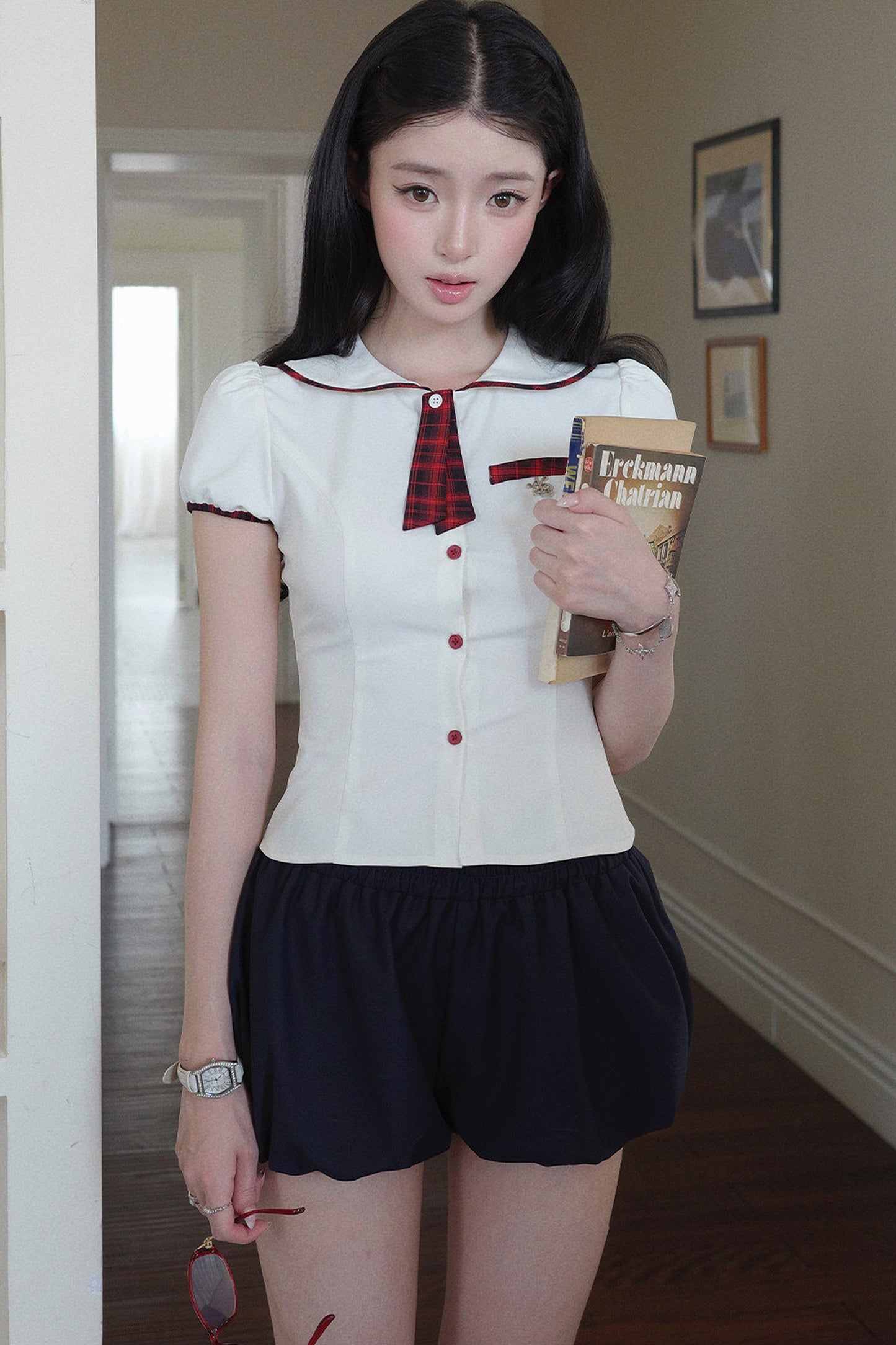 JK Uniform Plaid Bow Tie and Top Set