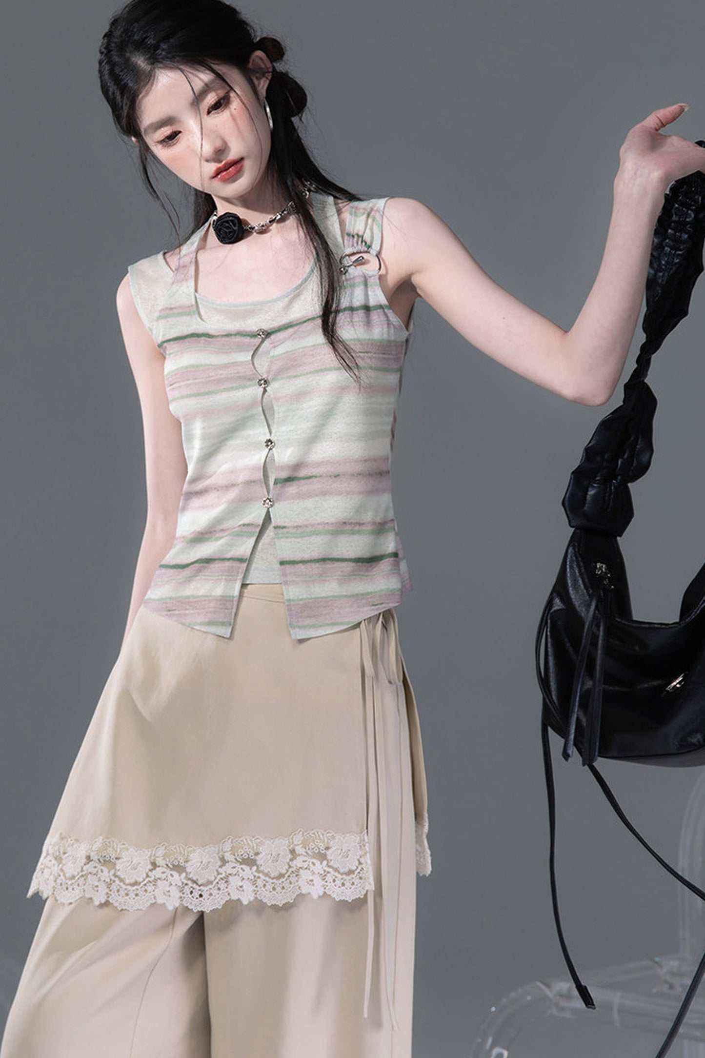 Bamboo Yarn Layered-Look Knitted Camisole Top