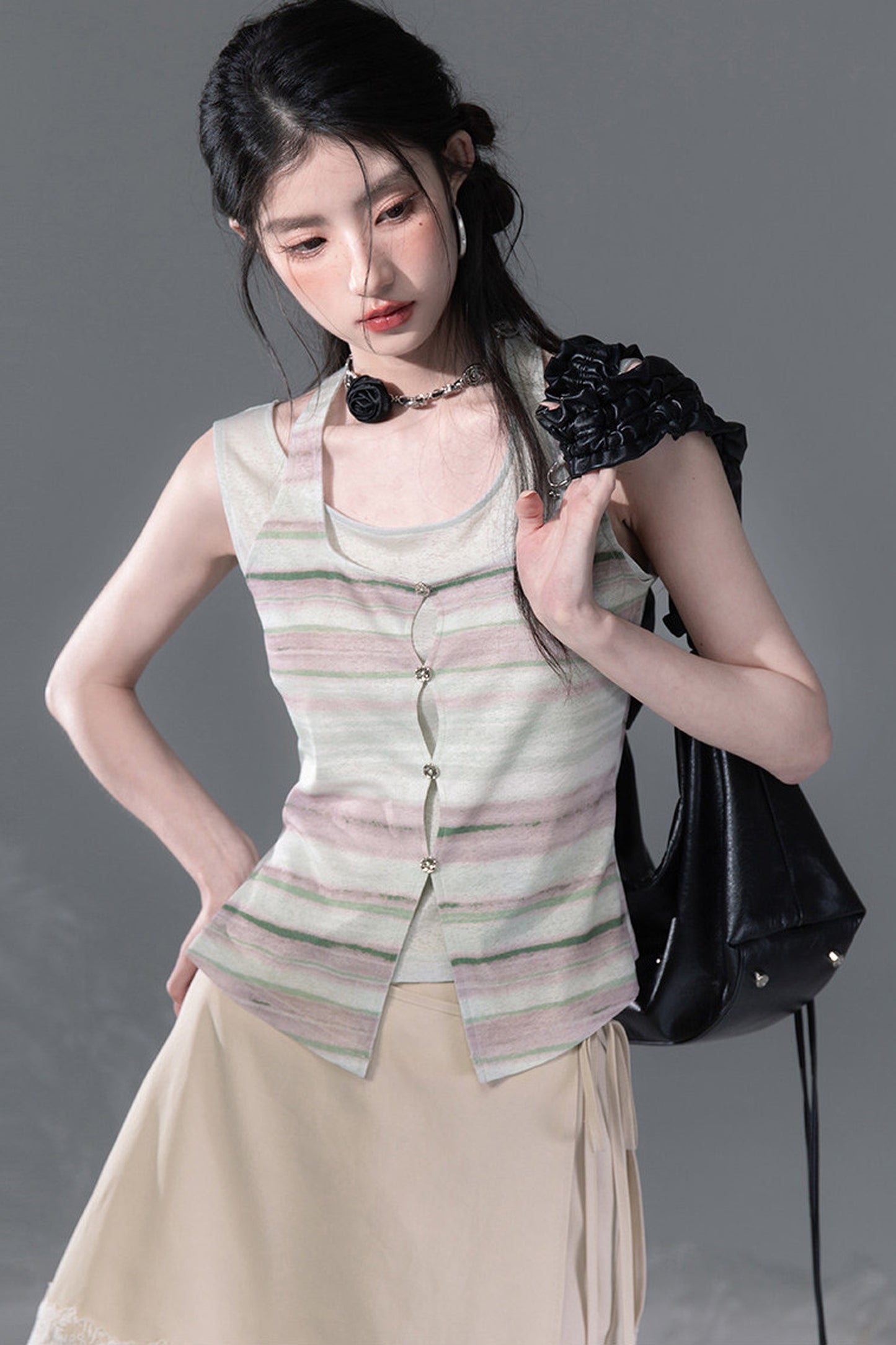 Bamboo Yarn Layered-Look Knitted Camisole Top