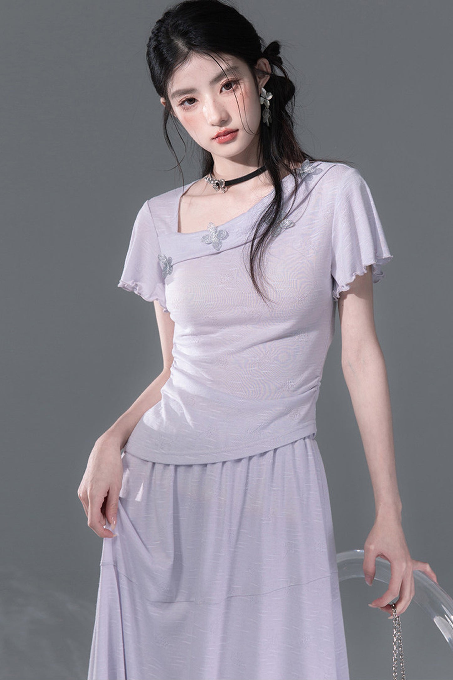 Dreamy Purple 3D Floral Knit Top and Skirt Set