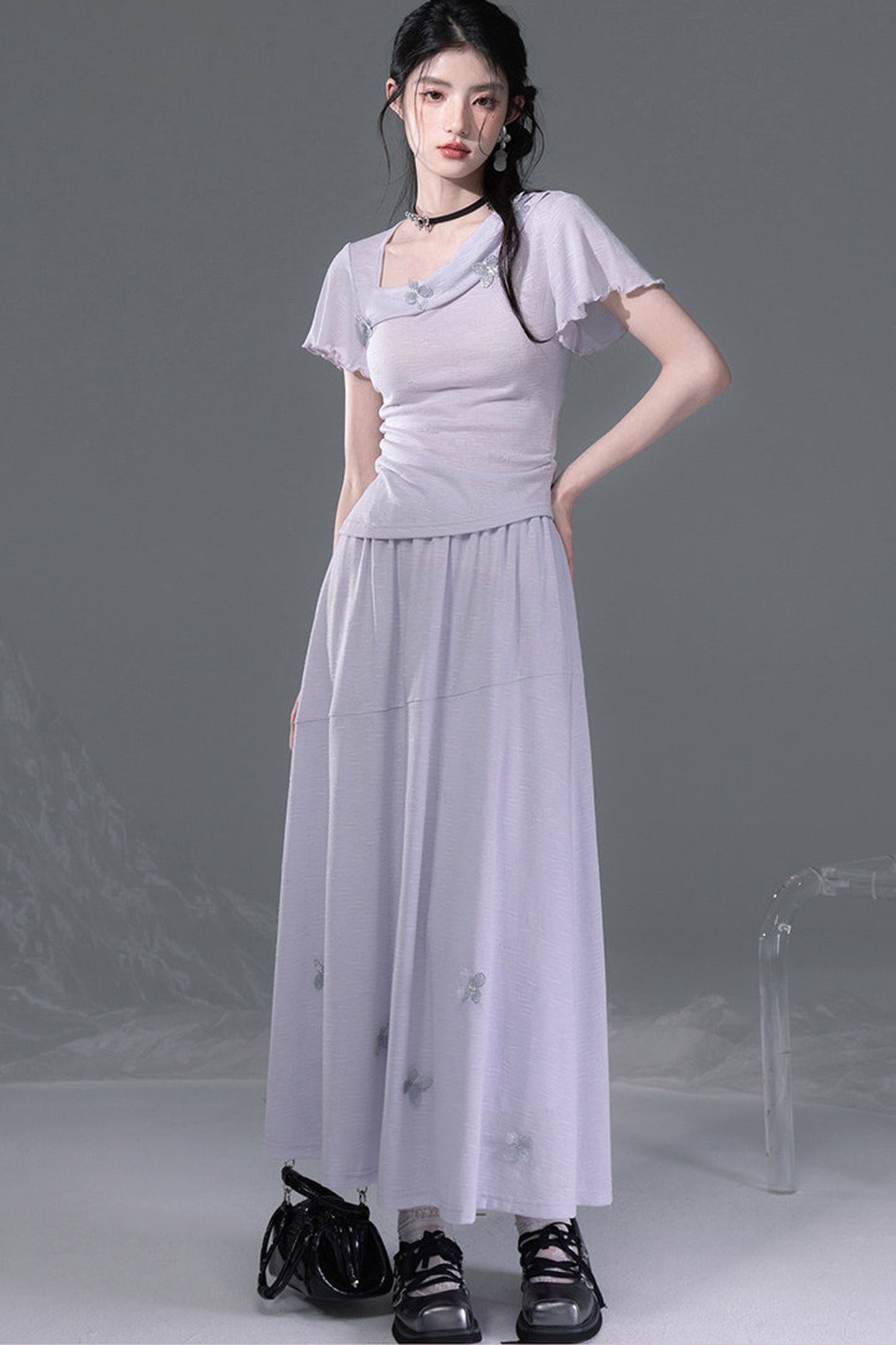 Dreamy Purple 3D Floral Knit Top and Skirt Set