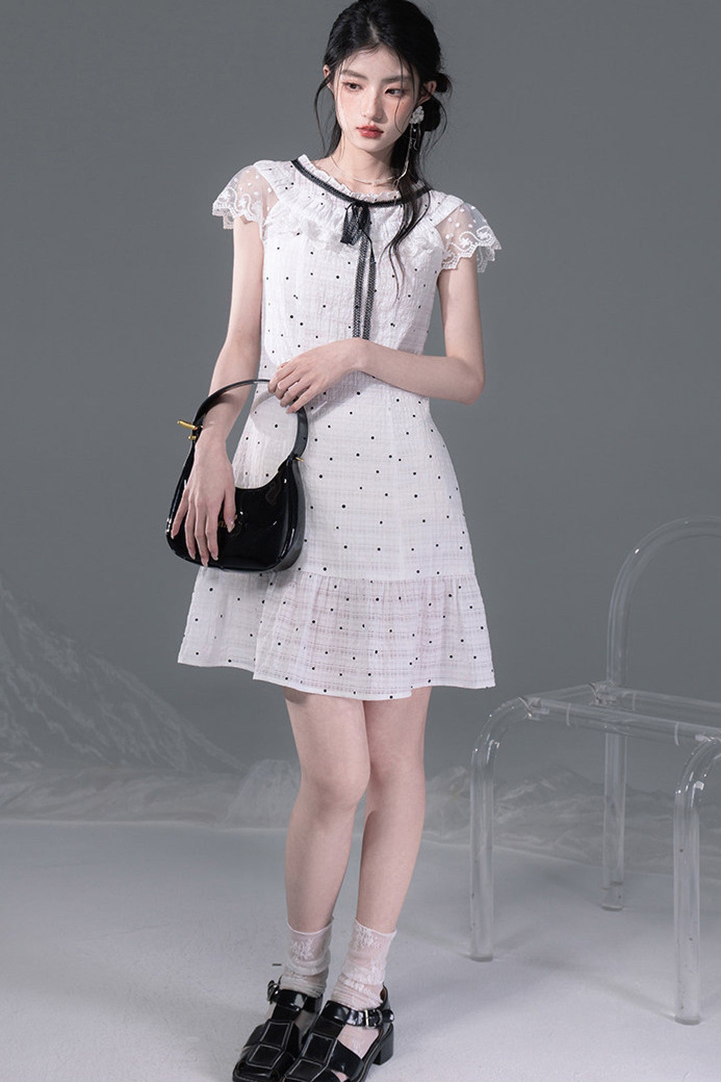 Pearl Polka Dot Chiffon Dress Set-Up