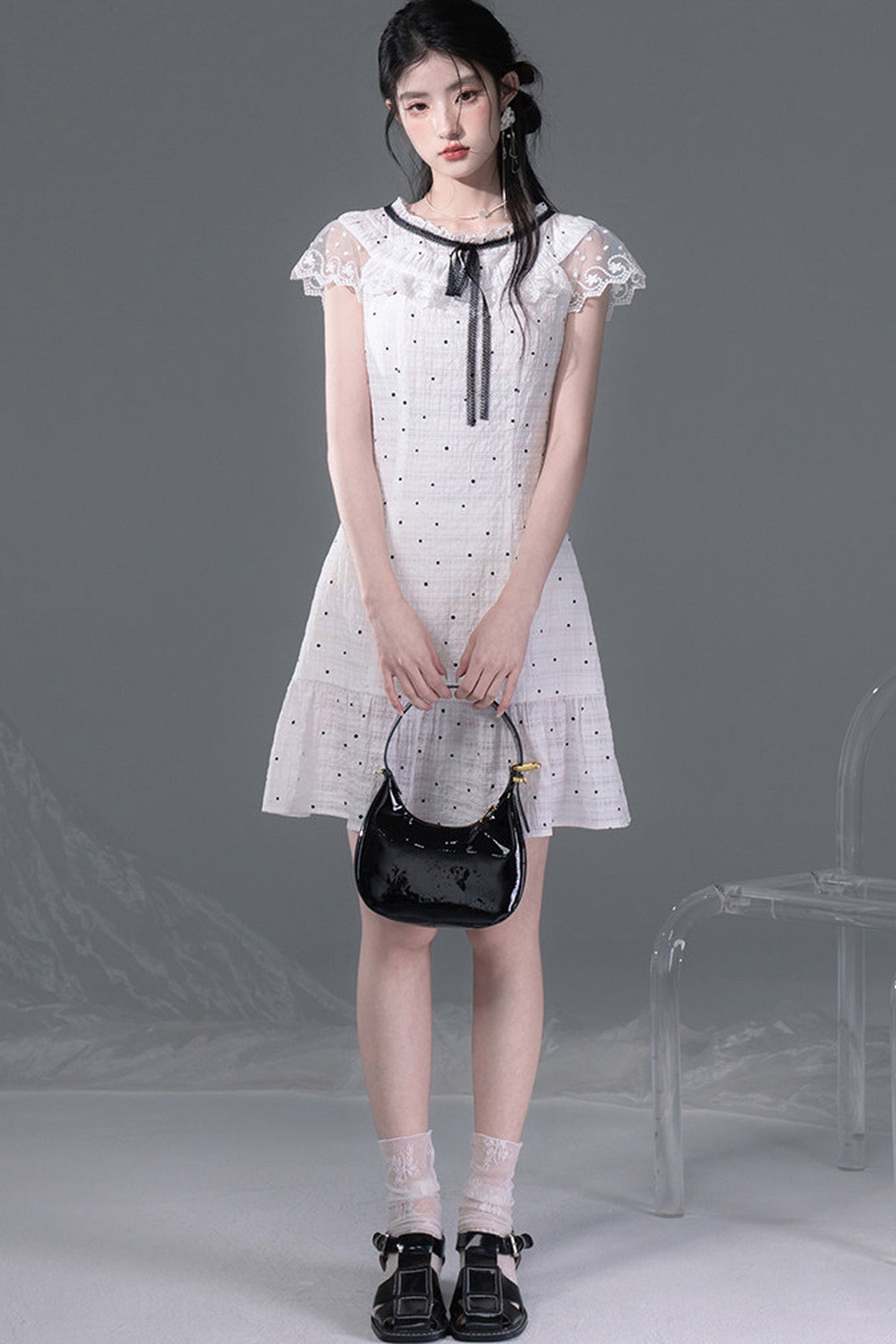 Pearl Polka Dot Chiffon Dress Set-Up